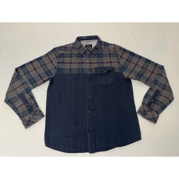 KAVU Navy Blue Plaid Long Sleeve Button-Up Outdoor Flannel‎ Shirt Medium - Picture 1 of 5